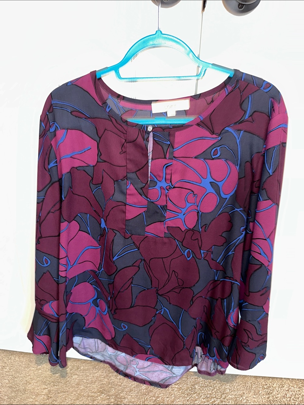 LOFT Floral Print Long-Sleeve Blouse in Plum and Navy